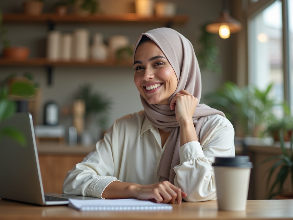 صاحبة عمل تبتسم وهي تتصفّح على حاسوبها الرسائل التي تصلها من موقعها الإلكتروني